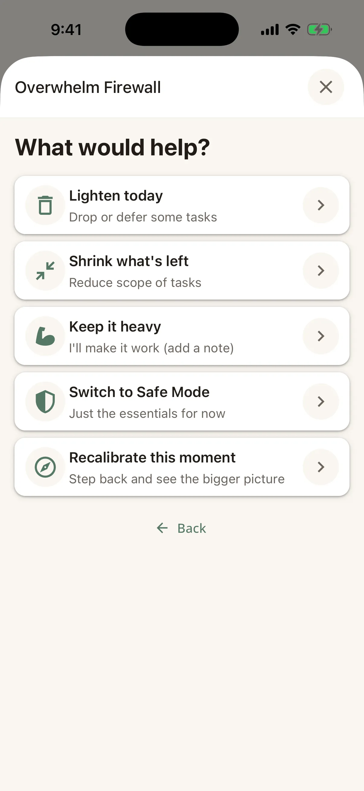 The Overwhelm Firewall asking What would help, above five choices: Lighten today, Shrink what's left, Keep it heavy, Switch to Safe Mode, and Recalibrate this moment.