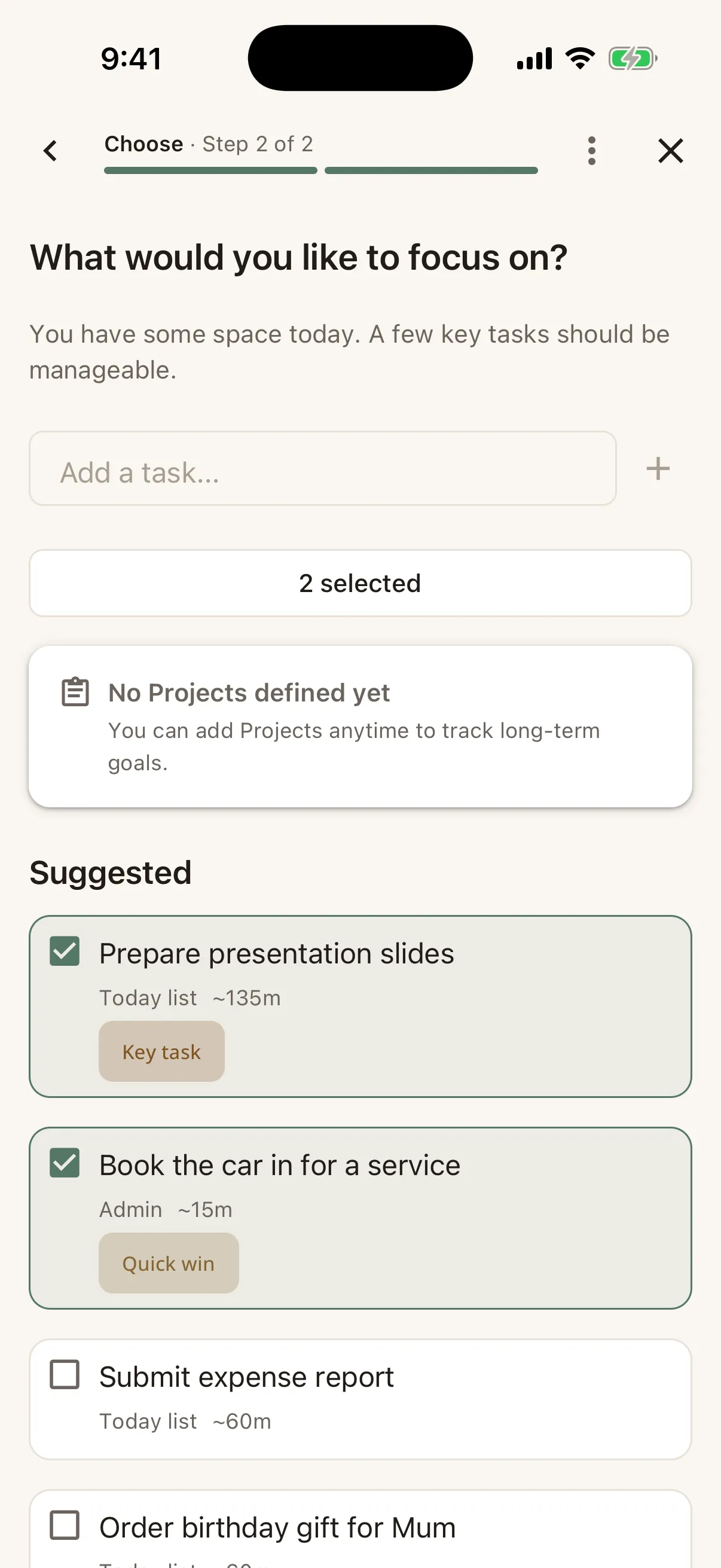 Plan Today at step 2 of 2, asking What would you like to focus on, with two tasks ticked and their rough durations shown beside them.