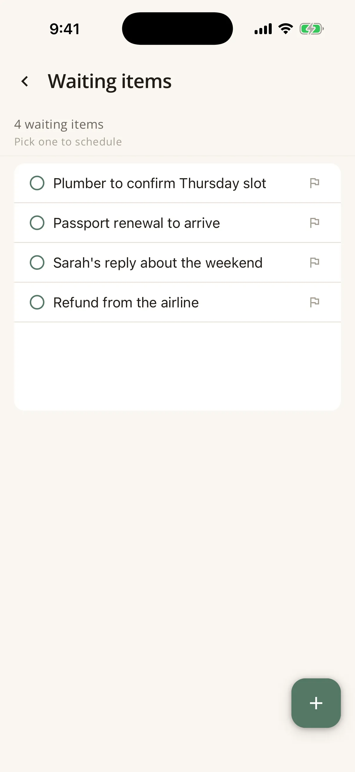 The waiting items list showing four saved items, headed 4 waiting items with the line Pick one to schedule.
